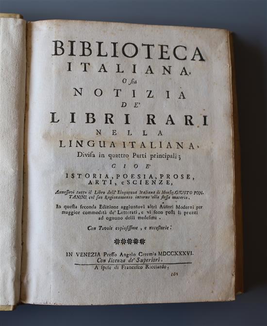 Haym, Nicolas Francis - Biblioteca italiana, O sia Notizia de Libri Rari, qto, vellum, Angelo Geremia,